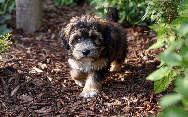 Il cucciolo impara a camminare su una nuova superficie: il pacciame del giardino.
